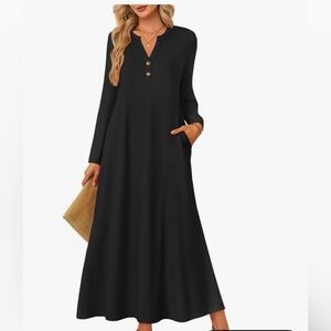 Women's Black Long Sleeve V-Neck Maxi Dress with Button Detail